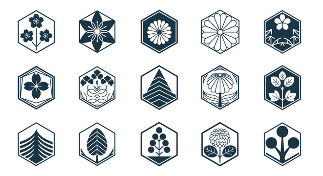 Japanese Traditional Mon Monograms - Hexagonal Crests of Nature and Flowers