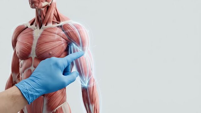 Muscle anatomy model showing detailed arm muscle structure with hand wearing blue medical glove pointing, illustrating human muscular system for medical education and body health study