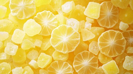 Delicious Crystallized and Candied Lemon Drops with Vibrant Colors and Lively Lemon Slices Displayed