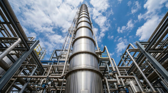 Industrial distillation column and piping against blue sky