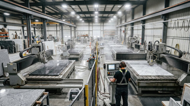 Worker operating cnc stone cutting machine in factory