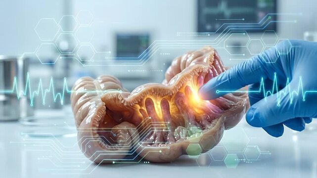 Human intestine digestive system medical research healthcare anatomy blue glove finger touch digital overlay laboratory health technology digital interface study futuristic design organ model