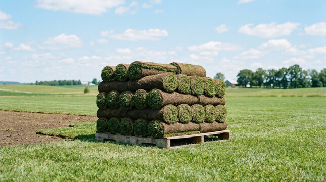 Stacked sod rolls on pallet ready for landscaping