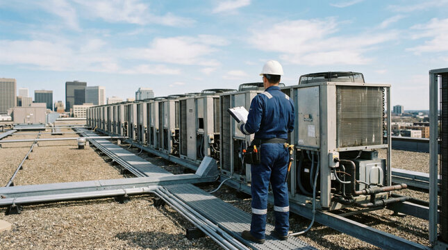 Hvac technician inspecting commercial rooftop air conditioning units