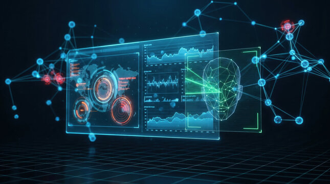 Facial recognition technology scanning biometric data in digital security network