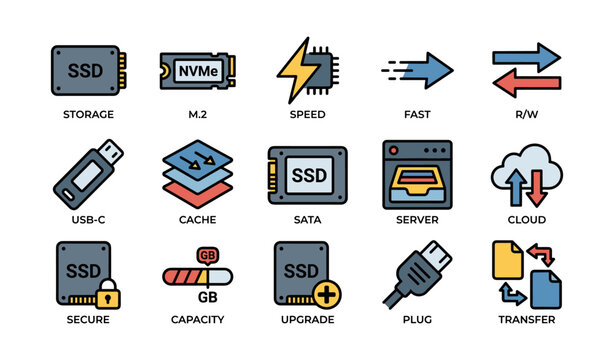Ssd and cloud storage icons featuring nvme, usb-c, and data transfer elements