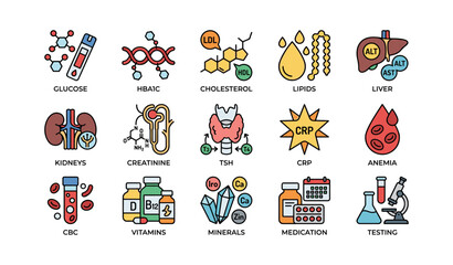 Fototapeta premium Medical icons: cholesterol, lipids, liver, thyroid, anemia, minerals, vitamins, medication