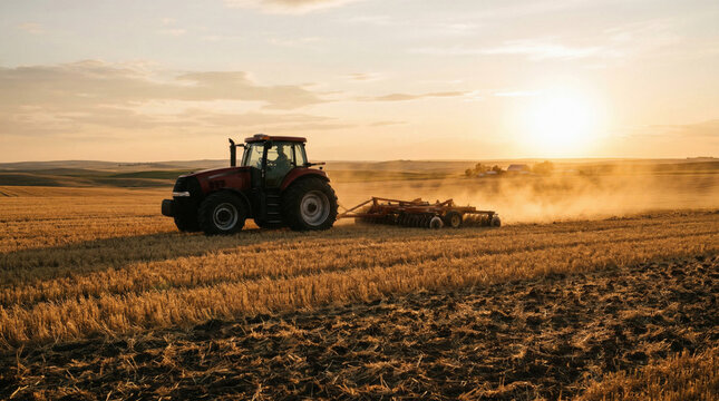 Tractor cultivating agricultural field creating dust at sunset