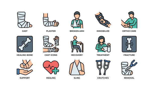 Medical icons: cast, plaster, recovery, treatment, healing