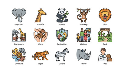 Fototapeta premium Zoo animals and activities: elephant, giraffe, panda, lion, family, veterinarian