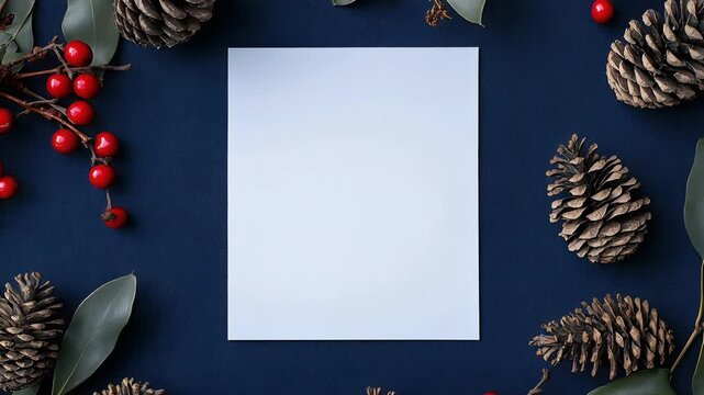Blank paper sheet with christmas berry and pinecone arrangement on blue background. Top view mockup for greeting card design and winter holiday celebration invite.