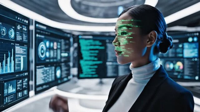 Premium 4K cinematic footage of an Asian female lead software engineer in a high-end corporate innovation lab, multiple transparent displays showing AI-driven e-commerce systems