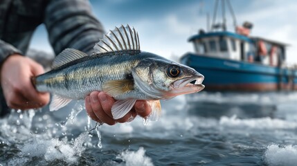 Obraz premium Catching a fish on a lake near a fishing boat