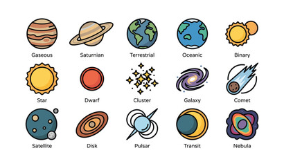 Fototapeta premium Illustrations of celestial bodies including planets, stars, and galaxies