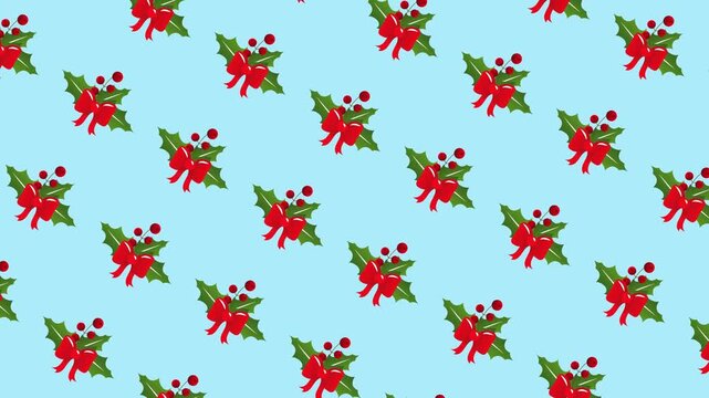 Animated Christmas Holly and Berries Pattern Background.