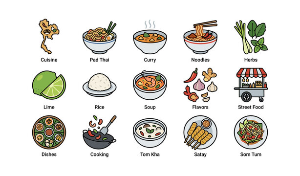 Icons of thai cuisine with pad thai curry noodles and street food elements