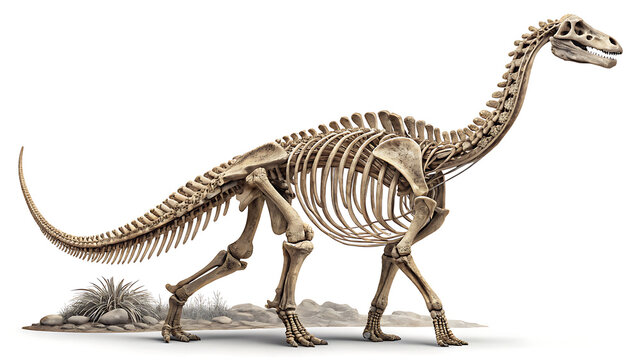 A complete fossilized skeleton of a large sauropod dinosaur standing in a natural desert terrain illustration