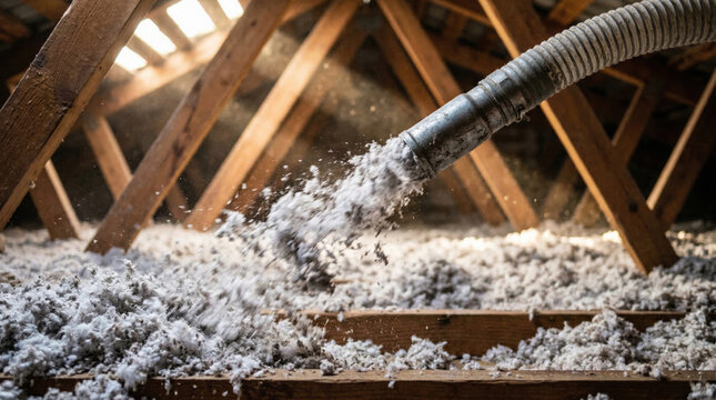 Blowing cellulose insulation into attic for home energy efficiency