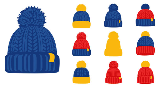 Winter Hats Collection: Bobble Beanies and Pom-Pom Caps in Blue, Red, Yellow