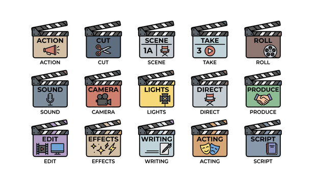 Film production icons: action, cut, scene, take, roll, sound, and more