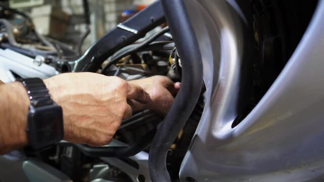 Arms of professional mechanic repairing detail of motorcycle at workplace. Male hands of repairer fixing moto engine at workshop. Adult repairman mending vehicle motor at garage. Slow motion