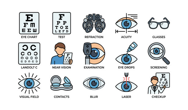 Eye care icons: vision testing, glasses, laser surgery, eye drops, contact lenses