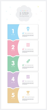 Cute pastel 5 step infographic template with soft rounded shapes for business, education and presentation vector