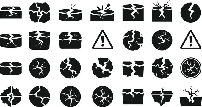 Crack fracture icon collection, broken surface vector set, damage warning symbol illustration,