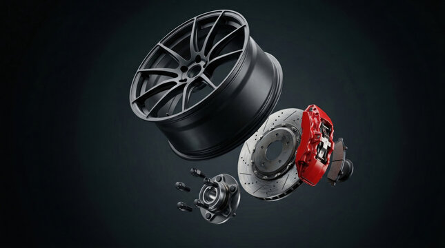 Car wheel and brake system exploding view