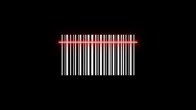 Barcode scanning animation with a red laser line passing through a black and white barcode. Modern retail and inventory symbol for POS systems, shopping apps, logistics, and warehouse management.