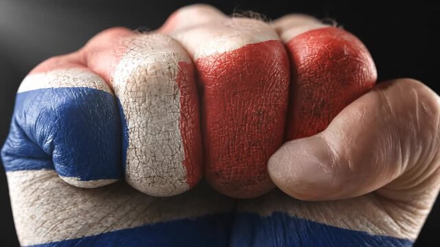 Paraguayan flag colors on a determined clenched fist, a powerful symbol of national pride, commemorating Independence Day holiday, celebrating sovereignty
