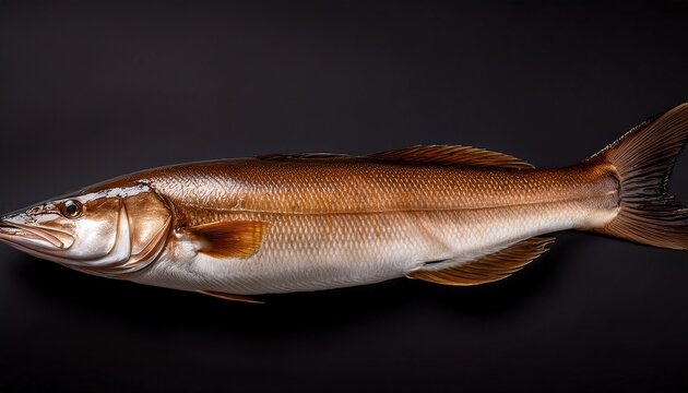 Merluza Aislada Que Representa Pesca Comercial Alimentacion Saludable Fauna Marina Y Recurso Grafico Para Diseno Culinario Merluza Alargada Con Tonos Marrones Y Claros Aislada Sobre Fondo Oscuro