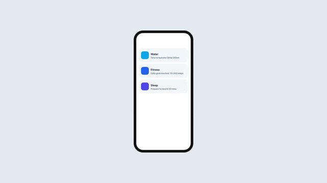 Smartphone screen displaying health and fitness notifications with goal accomplished animation