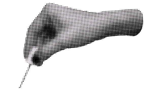 A minimalist halftone illustration of a hand reaching down to touch a single dotted vertical line