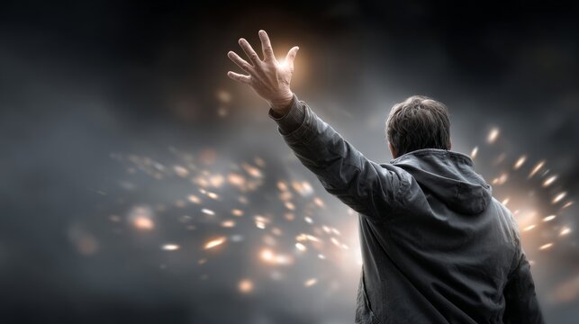 Man extends hand to the sky amidst sparks in a dark setting during a moment of realization