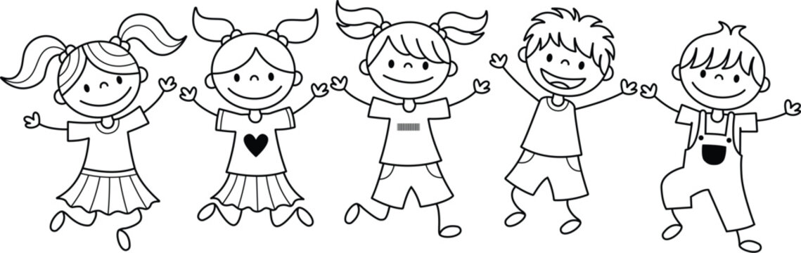 Happy Kids Cartoon Set Line Art.  Cute Children Jumping Doodle Outline Vector Illustration