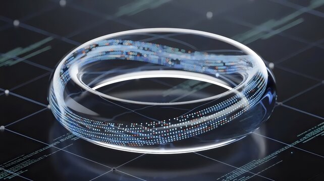 Floating glass torus with glowing blue data particles &ndash; Ideal for artificial intelligence, cloud computing, or digital processing themes.