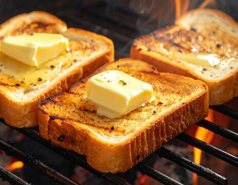 Close-up of golden-brown grilled bread slices melting butter on a barbecue, creating a delicious snack