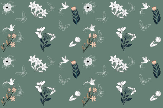 Seamless floral pattern with hummingbirds, butterflies and delicate botanical flowers on muted sage green background. Elegant hand drawn nature illustration with soft pastel colors