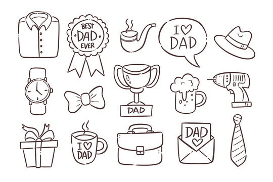 Happy Father's Day icons. Collection of Father's Day gift ideas. Gift examples. Hand-drawn vector clip art.