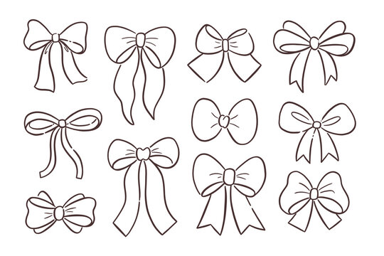 Coquette bow hand-drawn collection. Beautiful collection of whimsical hand-drawn bows and ribbons. Hair accessories. Line art decorative drawing.