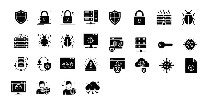 Black cybersecurity and hacking icon set for business security