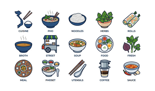 Vietnamese cuisine icons featuring pho, noodles, herbs, and street food elements