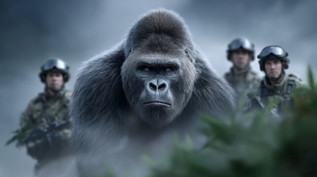 Soldiers and a gorilla face off in a dense jungle environment during a tense standoff