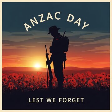 Anzac day poster with soldier and poppy field