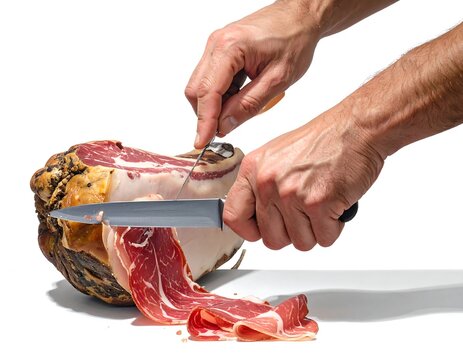 Close-up view of hands meticulously slicing cured meat with a long knife against a plain white background