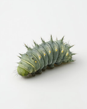 Macro of a Cabbage White caterpillar Pieris rapae isolated on white background with velvety green skin and tiny pale setae