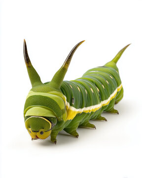 Macro of a Tailed Emperor caterpillar Polyura sempronius isolated on white background with green glossy body and long head horns