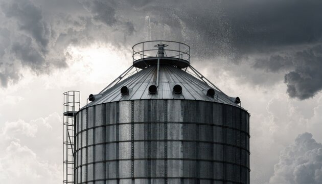 Medium shot of a single hydrated lime storage silo with access ladder and aeration system emphasizing maintenance features and silo surface texture.