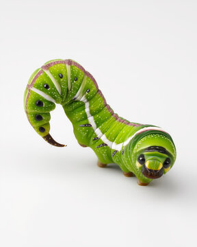 Macro of a Convolvulus Hawk Moth caterpillar Agrius convolvuli isolated on white background with green body and pinkish-purple stripes